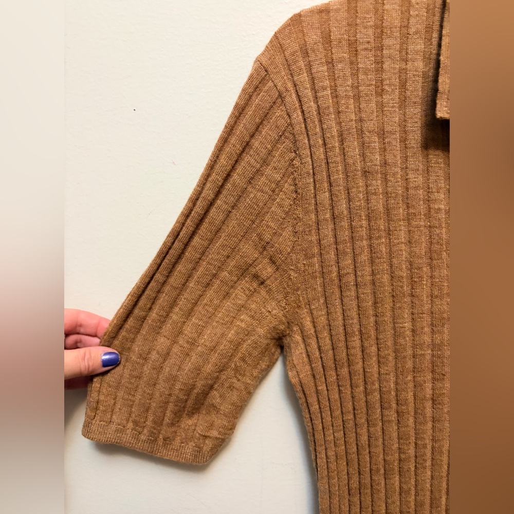 100% Extra Fine Merino Wool Ribbed Button Front Midi Dress - Picture 4 of 7